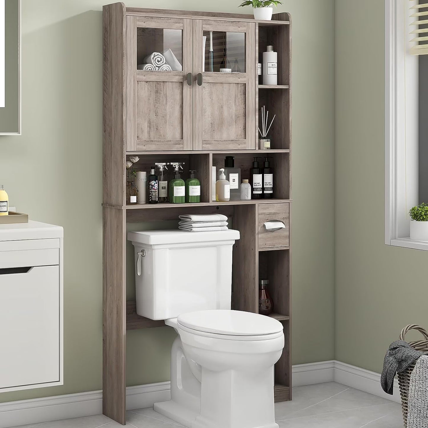 Over The Toilet Storage Cabinet, Storage Cabinet Over Toilet with Double Doors & Toilet Paper Holder Stand, Freestanding Toilet Shelf Space Saver with Anti-Tip Design & Adjustable Shelf, Black