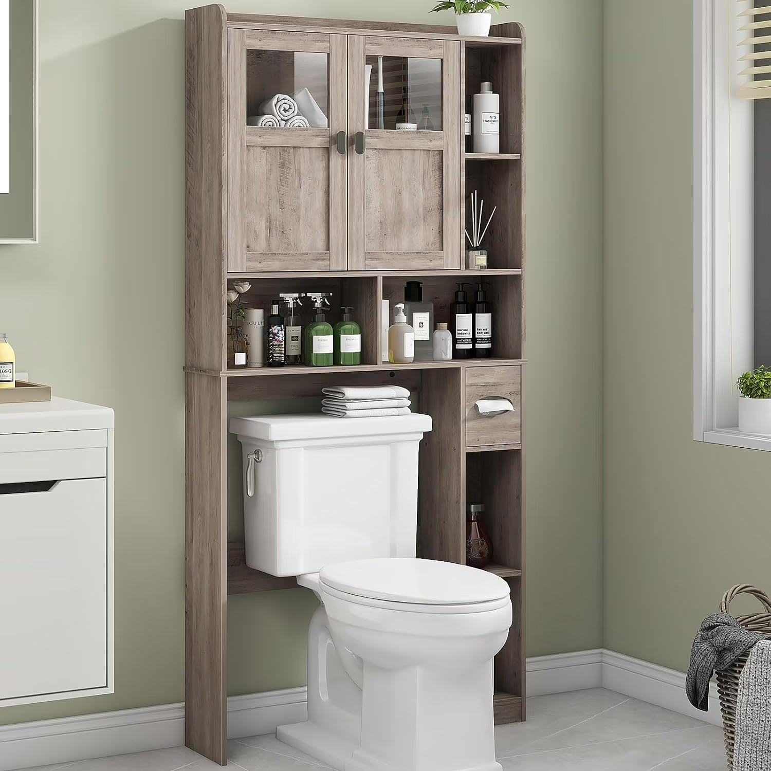 Over The Toilet Storage Cabinet, Storage Cabinet Over Toilet with Double Doors & Toilet Paper Holder Stand, Freestanding Toilet Shelf Space Saver with Anti-Tip Design & Adjustable Shelf, Black