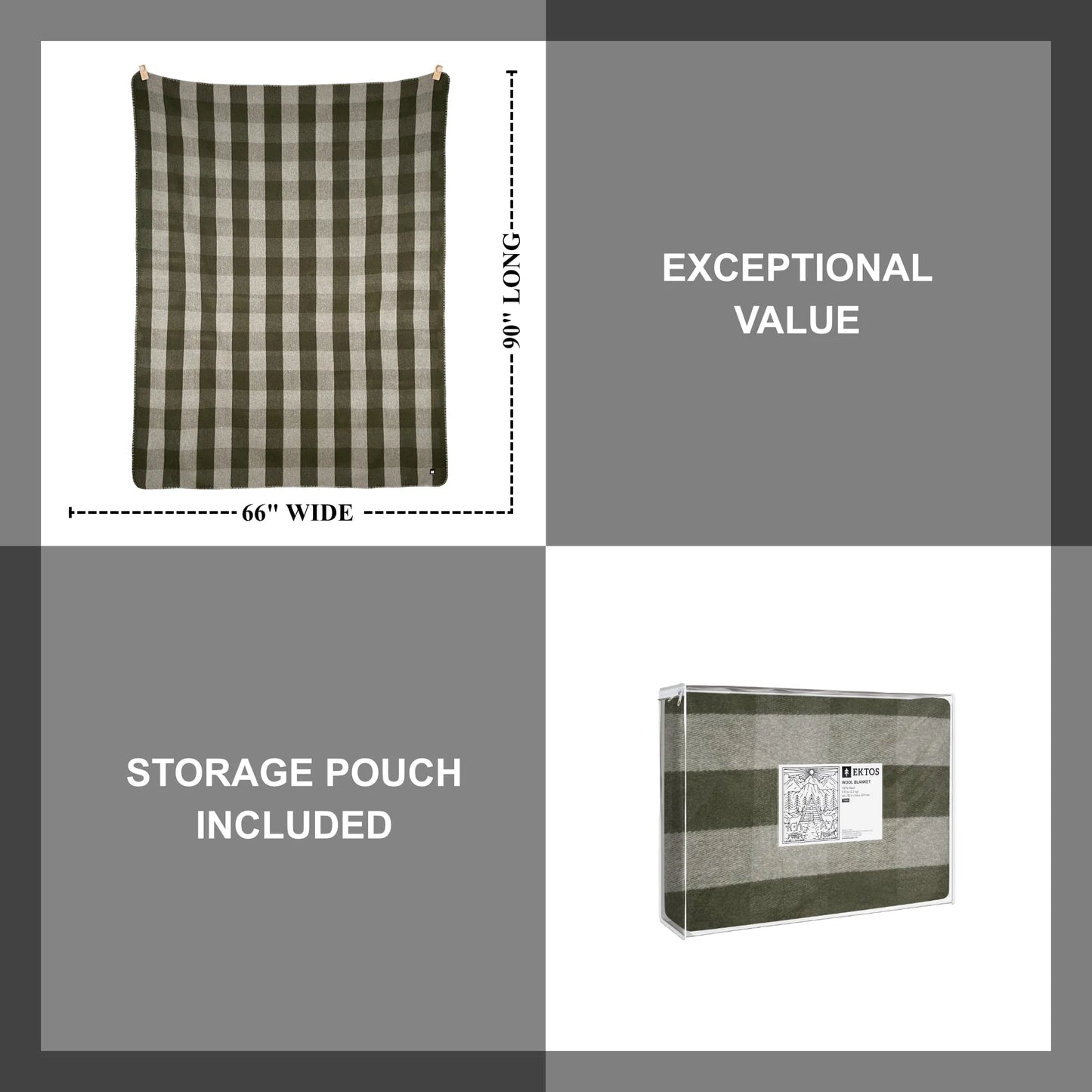 EKTOS 90% Wool Plaid Blankets, 66" x 90", Wool Camp Blanket, Warm Outdoor Blanket (Olive Green)