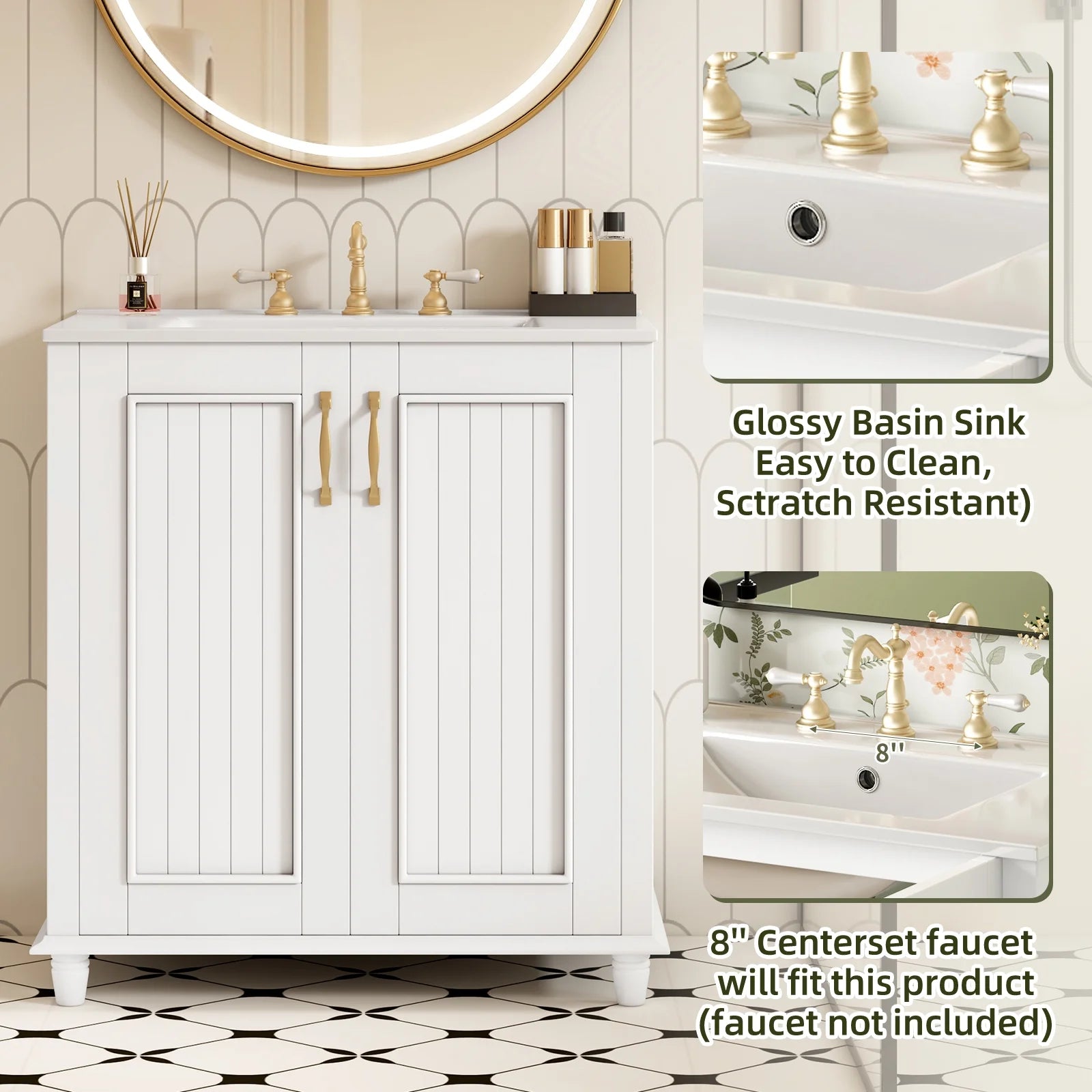 Harper & Bright Designs 30" Bathroom Vanity with Sink, Bathroom Storage Cabinet with Drawers, Single Sink Bathroom Vanity, White