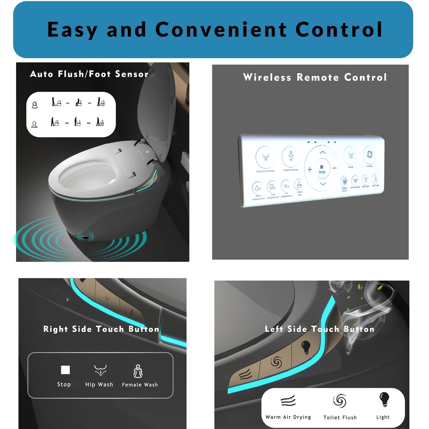 WinZo Smart Toilet with Bidet Seat, Elongated Egg Shaped Modern Design, Auto Open and Flush, Adjusted Heated Seat, Warm Water and Dryer, Night Light, Side Buttons, Matte Black