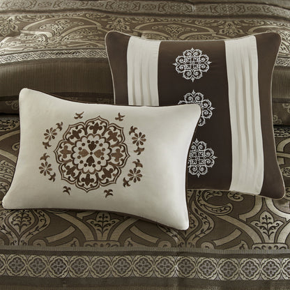 Home Essence Dennie 16 Piece Jacquard Complete Bedding Set With 2 Sheet Sets, King, Brown