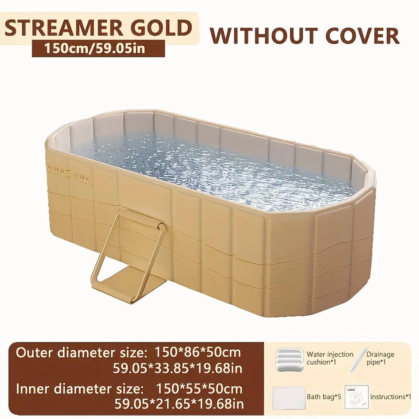 Portable Hot Tub & Ice Bath - Foldable, No Installation, Dual Drainage - Relaxation, Cold Water Therapy, Perfect Gift for Christmas & Halloween - Beige