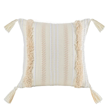 Phantoscope Boho Woven Tufted with Tassel Series Decorative Throw Pillow, 18" x 18", Cream White Stripe, 1 Pack