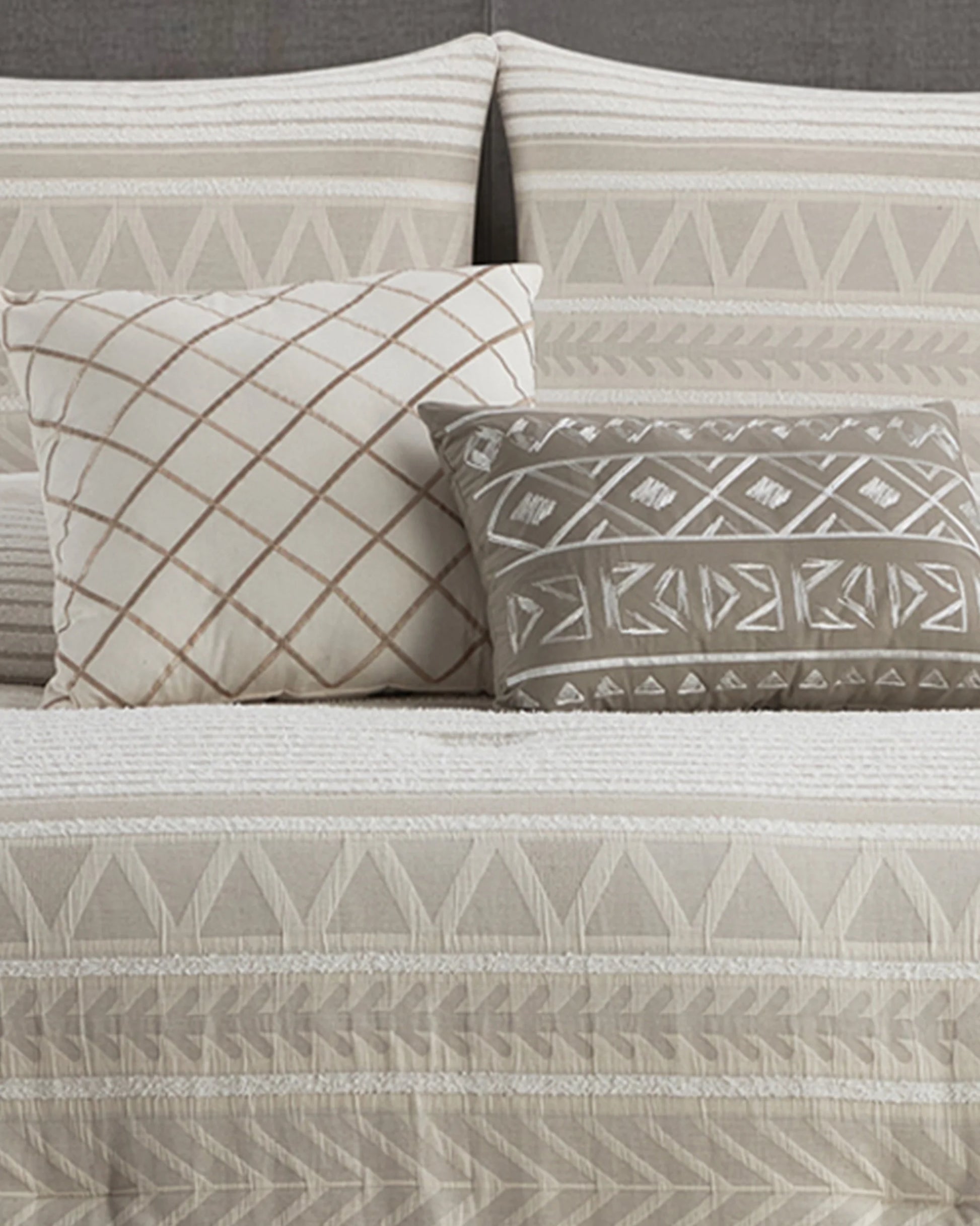 Lanco 100% Cotton Queen Size Comforter Set , 6 Piece , Beige Geometric Jacquard Bedding Set