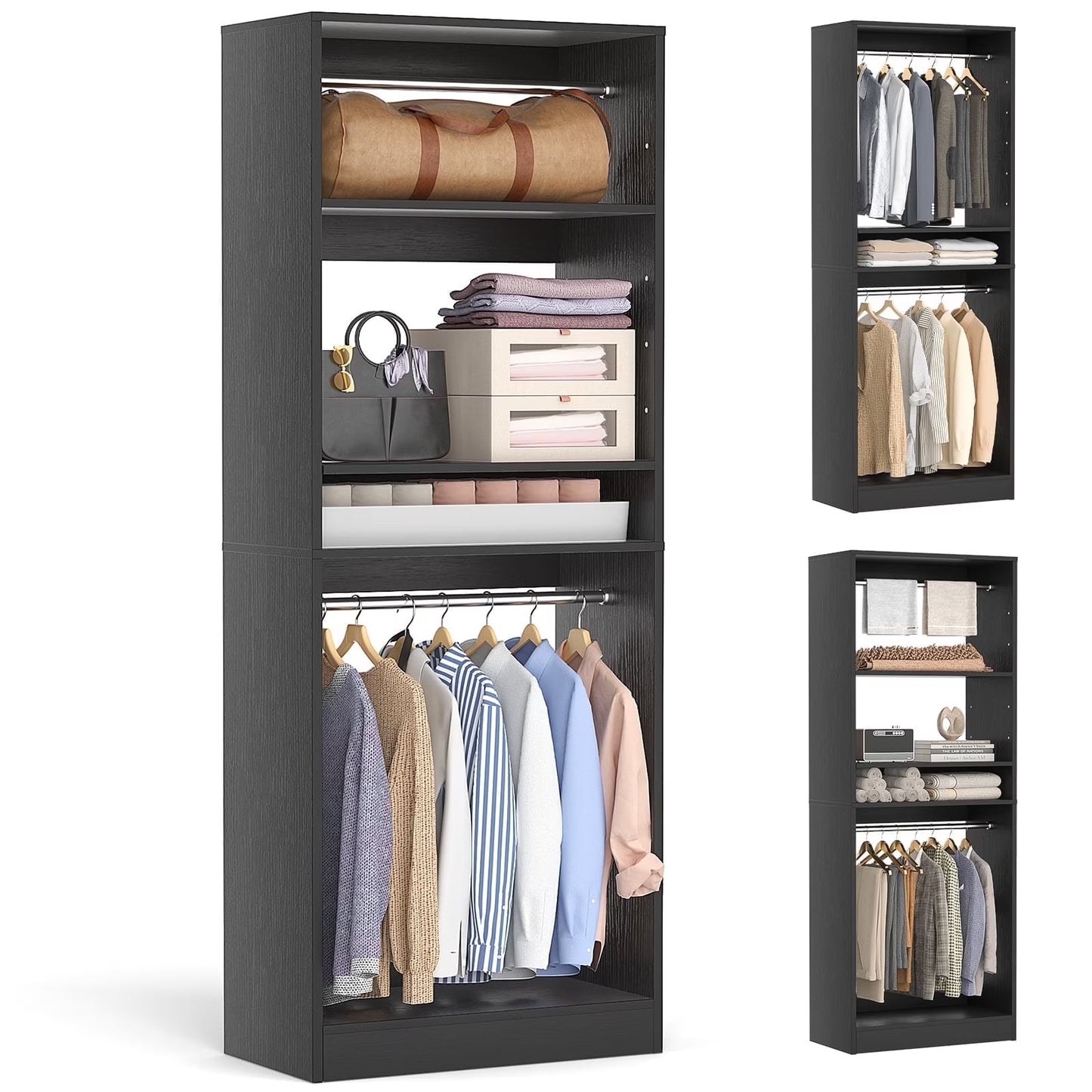 Homieasy 25°?Closet System, Freestanding Closet Organizer Wardrobe with Hanging Rods and Shelves, Adjustable Clothes Garment Rack, Sturdy Walk in Closet Tower, White