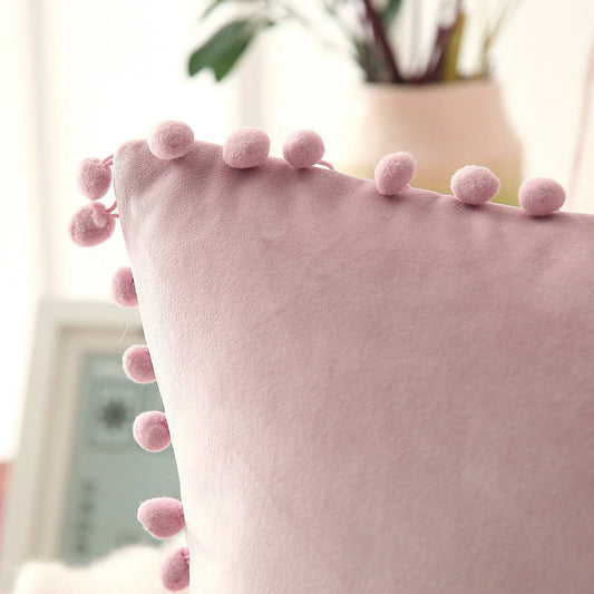 Phantoscope Pom Pom Velvet Series Decorative Throw Pillow, 18" x 18", Light Pink, 2 Pack