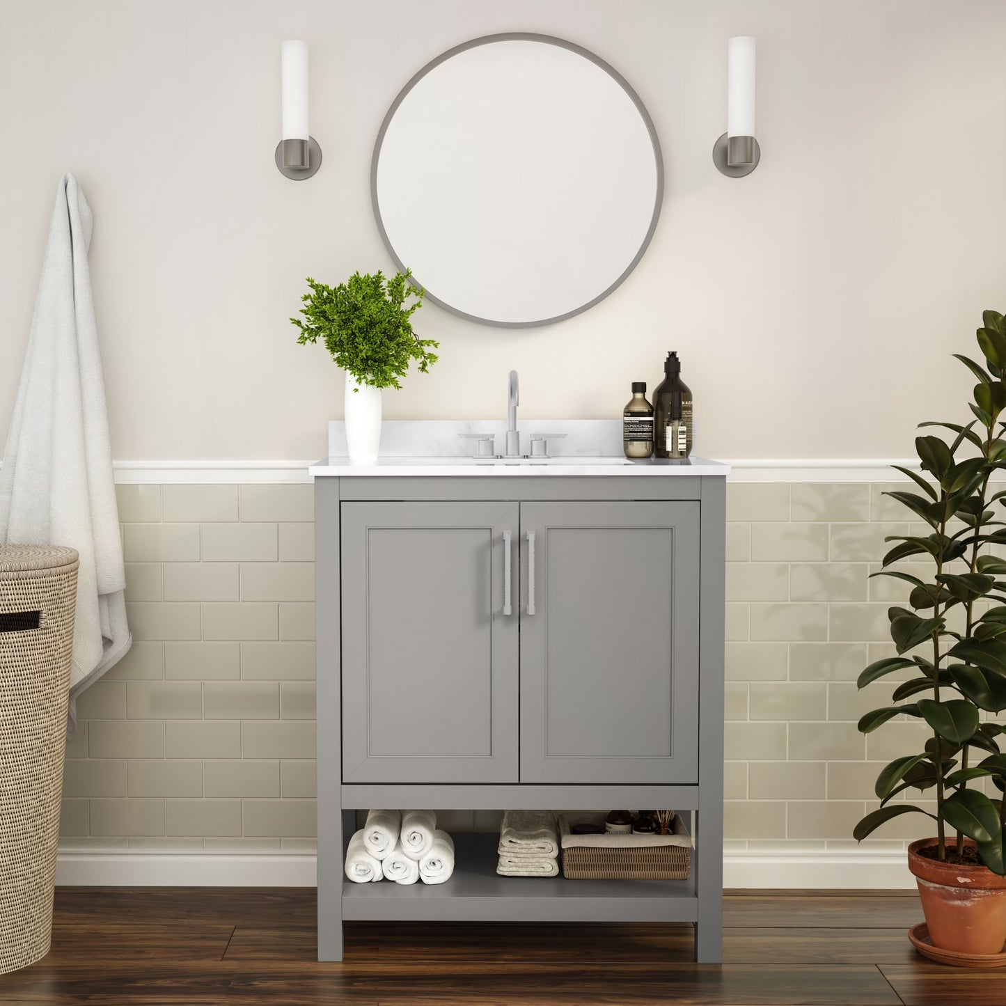 BizChair 24 Inch Bathroom Vanity with Sink Combo, Storage Cabinet with Soft Close Doors and Open Shelf, Carrara Marble Finish Countertop, White/White