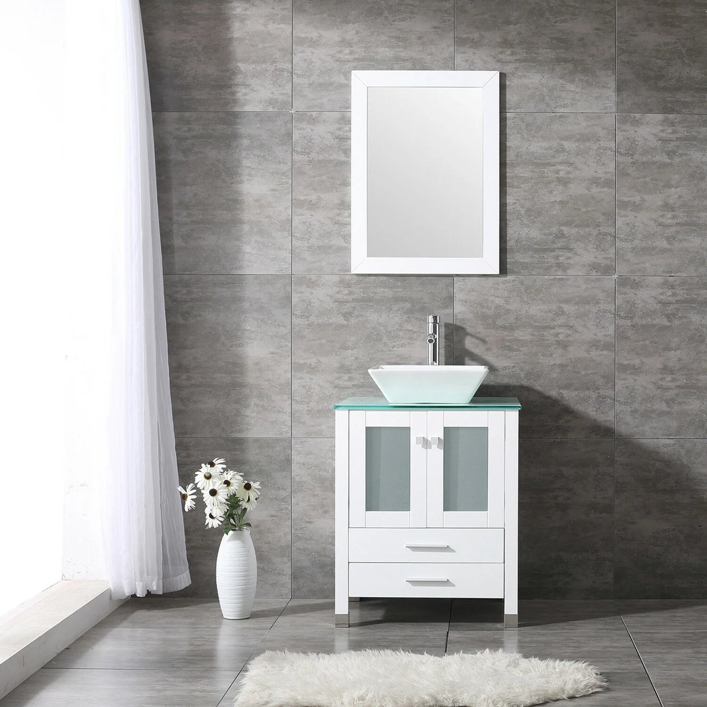 Wonline 24" Bathroom Vanity Cabinet Ceramic Sink Faucet Drain Combo w/Mirror Set White