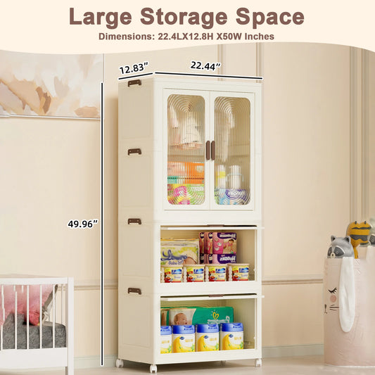 Montary Kids Portable Wardrobe w/Magnetic Doors & Hanging Rod - 4-Cube Plastic Storage Cabinet,Nursery/Bedroom