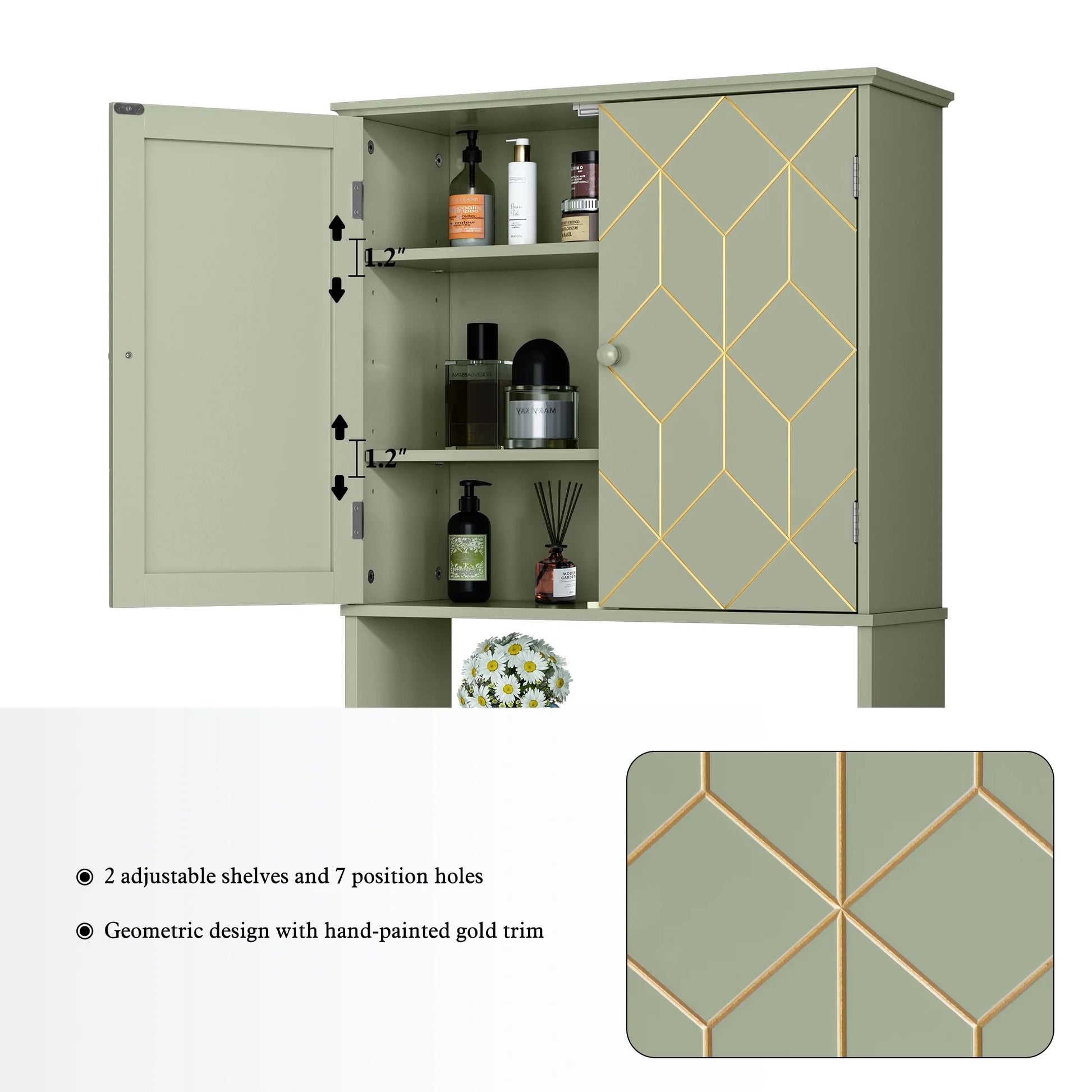 HLR Over The Toilet Storage Cabinet, Bathroom Above Toilet Storage Cabinet with Doors and Adjustable Shelves, Black