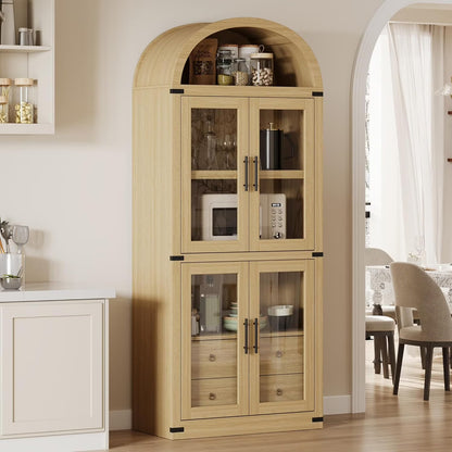 Arched Kitchen Pantry Storage Cabinet with 2 Drawers, 71-Inch Tall Farmhouse Wood Bookcase with 4 Doors for Kitchen Dining Room Bathroom