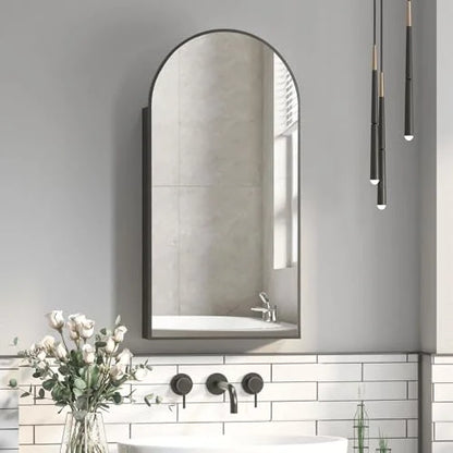Black Arched Medicine Cabinet with Mirror, 16x31Inch, Bathroom, Modern Style, 3 Glass Shelves, Wall Mount