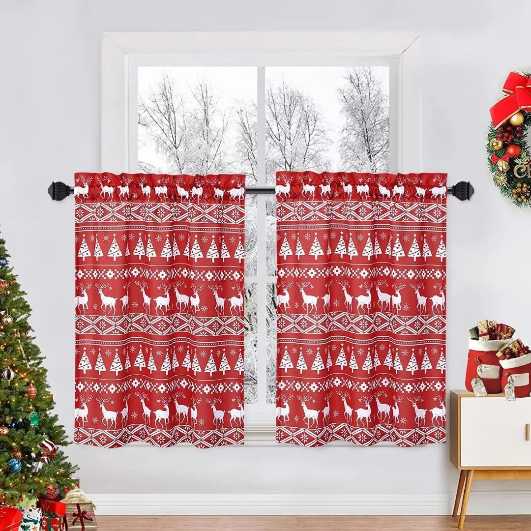 GlowSol 26"W x 24"L Boho Xmas Cafe Curtains Tree Deer Pattern Bathroom Curtain Blackout Half Window Kitchen Cafe Curtains, Red, Set of 2