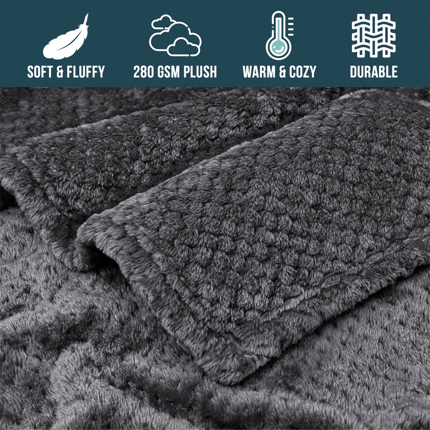 PAVILIA Waffle Fleece Throw Blanket for Couch Bed Dark Gray, Super Soft Fuzzy Cozy Blanket Sofa, Plush Warm Cute Decorative Home Decor Throw, Lightweight All Season, Charcoal Dark Grey, 50x60
