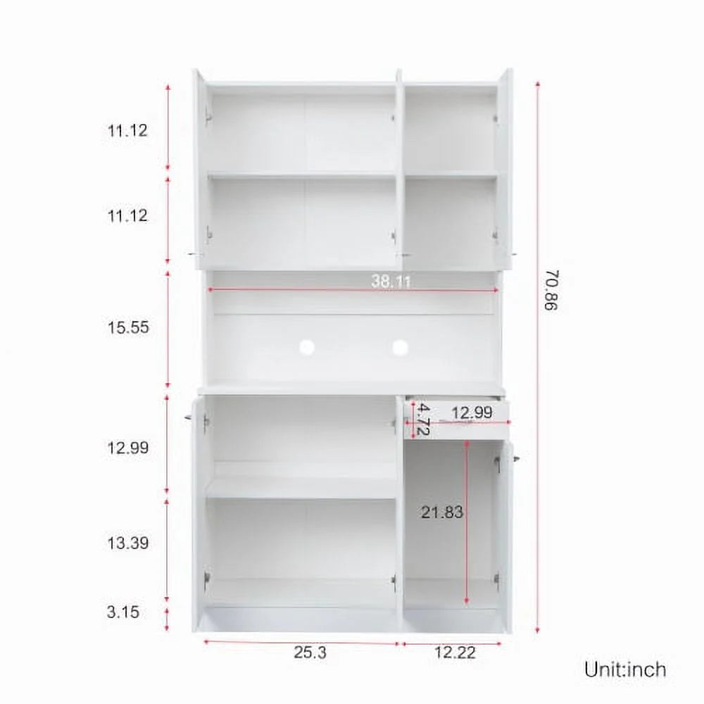 71" Tall Kitchen Storage Cabinet, Freestanding Kitchen Pantry Cabinet Cupboard with 6 Doors, 1 Open Shelf and 1 Drawer, Wood Storage Wardrobe, Organization Cabinet for Bedroom Kitchen Living Room