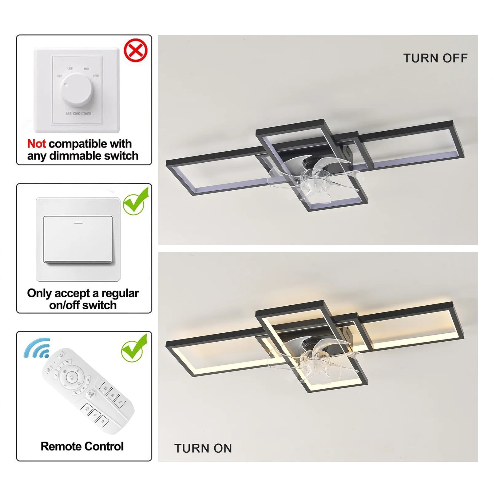 Garwarm Modern Black LED Ceiling Fan With Lights Low Profile 35" Dimmable Square with Remote Rectangle Light Fixture for Kitchen,Bathroom,Balcony,Living Room