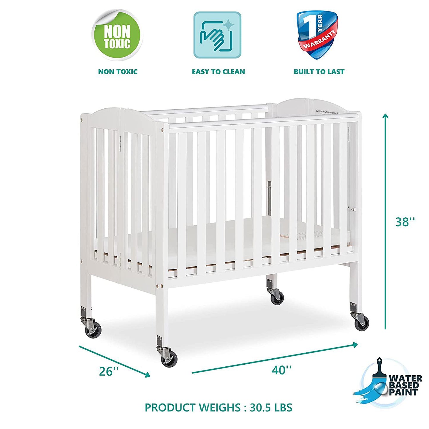 Dream On Me 2-in-1 Folding Portable Mini Crib in White. Mattress Pad Included. Easy to Fold and Store Baby Crib. Two Adjustable Mattress Height positions Convertible Crib