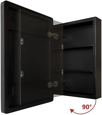 Farmhouse Medicine Cabinet Mirror with Wood Frame - Recessed & Wall Mount Bathroom Storage, 3 Shelves, 16x24 Inch (Black)
