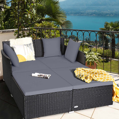 Costway Outdoor Patio Rattan Daybed Pillows Cushioned Sofa Furniture Beige