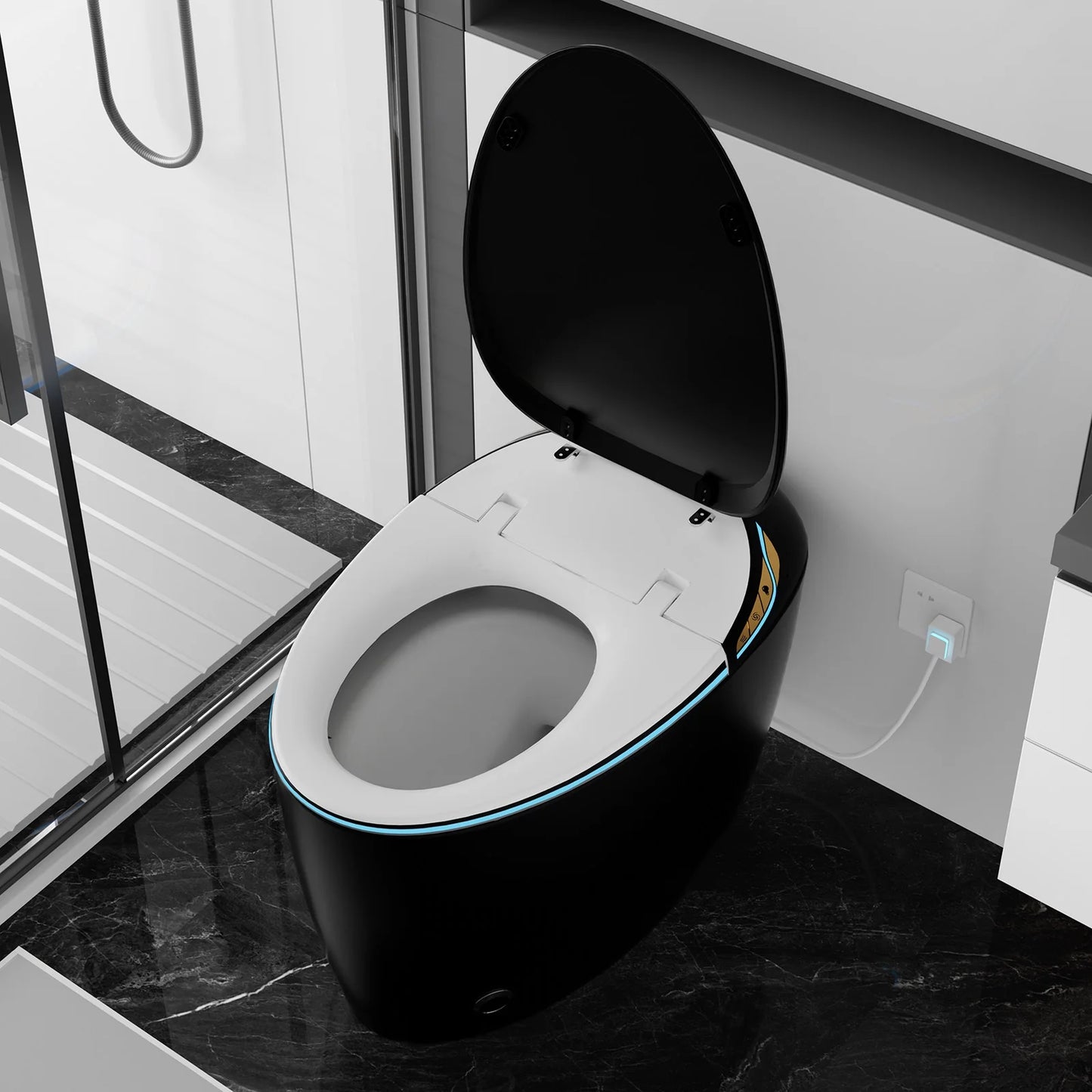 WinZo Smart Toilet with Bidet Seat, Elongated Egg Shaped Modern Design, Auto Open and Flush, Adjusted Heated Seat, Warm Water and Dryer, Night Light, Side Buttons, Matte Black