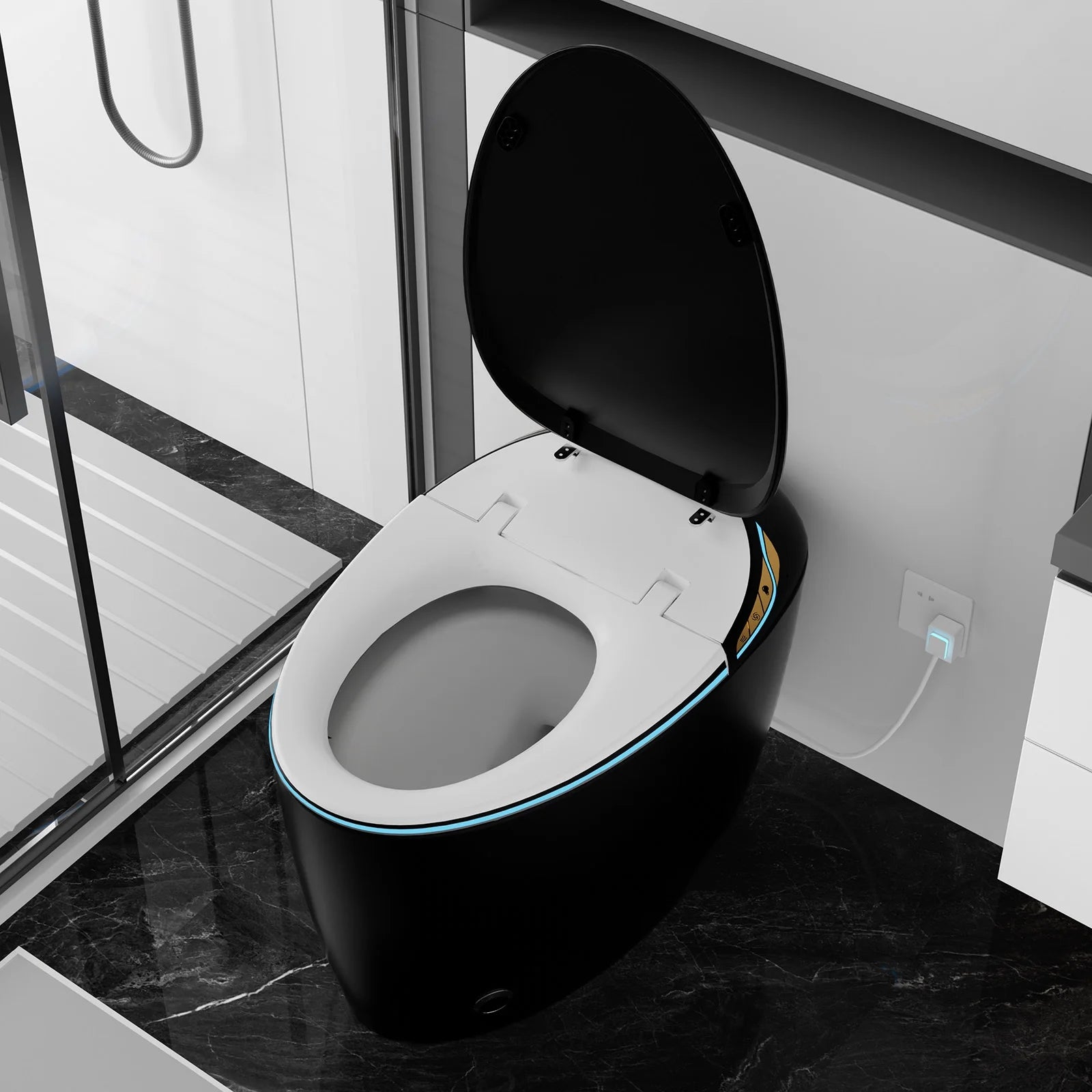 WinZo Smart Toilet with Bidet Seat, Elongated Egg Shaped Modern Design, Auto Open and Flush, Adjusted Heated Seat, Warm Water and Dryer, Night Light, Side Buttons, Matte Black