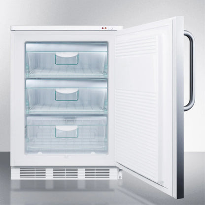 Freestanding medical all-freezer capable of -25 C operation, with front lock, wrapped stainless steel door and towel bar handle