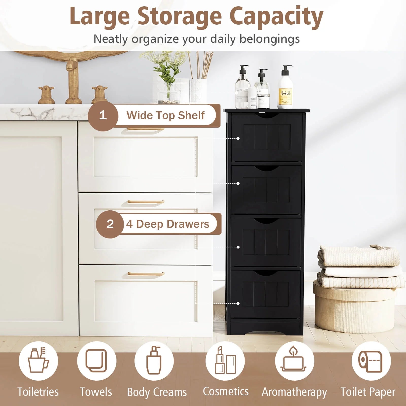Costway 32.5'' Bathroom Floor Cabinet with Anti-tipping Device Freestanding Towel Cabinet Black