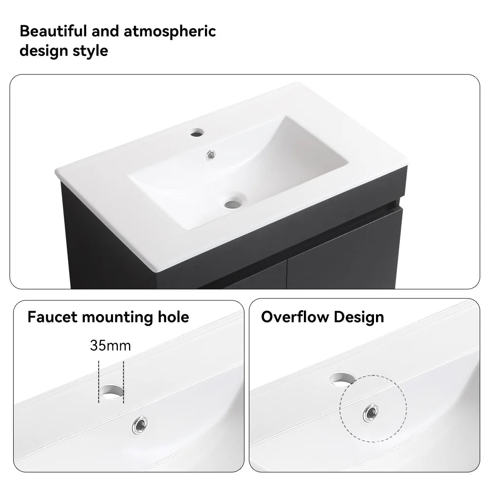 30 Inch Modern Wall-Mounted Bathroom Sink Cabinet, Floating Bathroom Vanity with Storage and Two Soft Close Doors, Bathroom Vanity with Sink, Faucet Not Included,Solid Wood, Black.