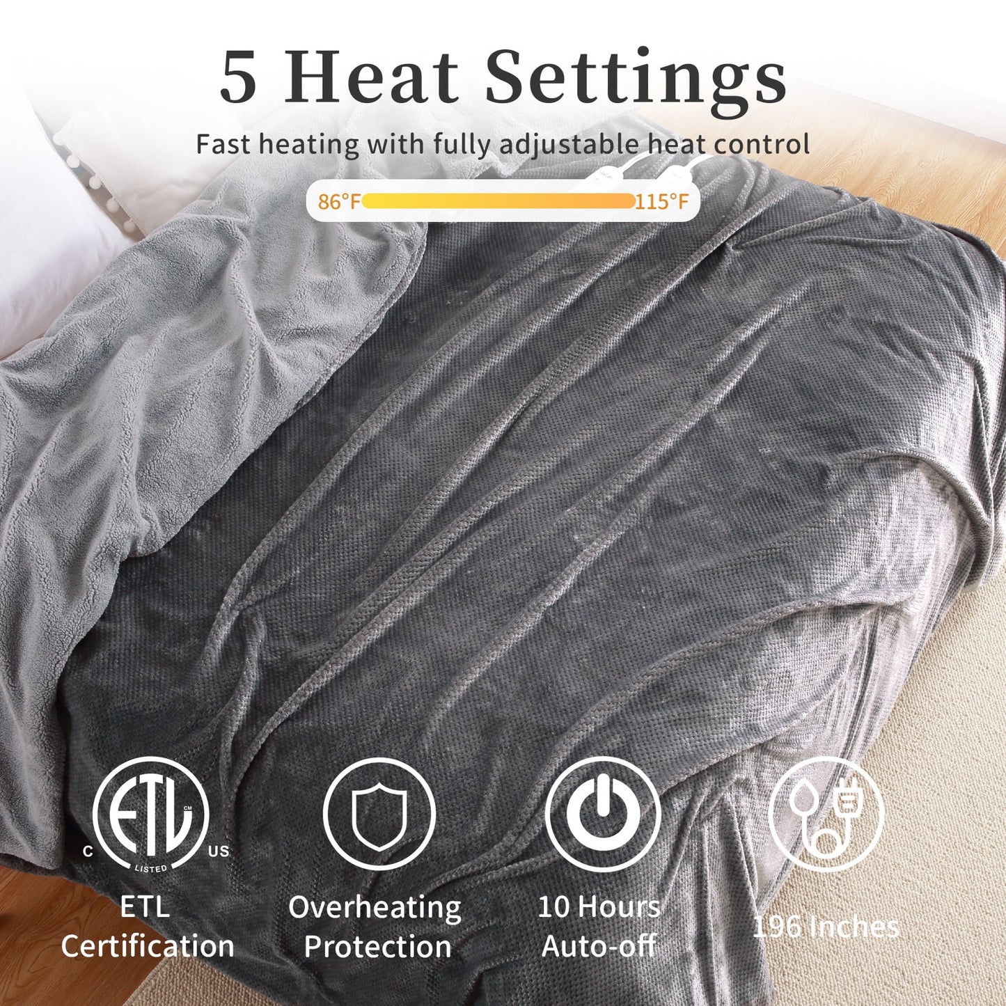 GAOMON Electric Heated Blanket King Size with Dual Control - Sherpa Throw Blanket with 4 Fast Heating Levels & 10 Hours Auto Off, Machine Washable, ETL Certified, Gray