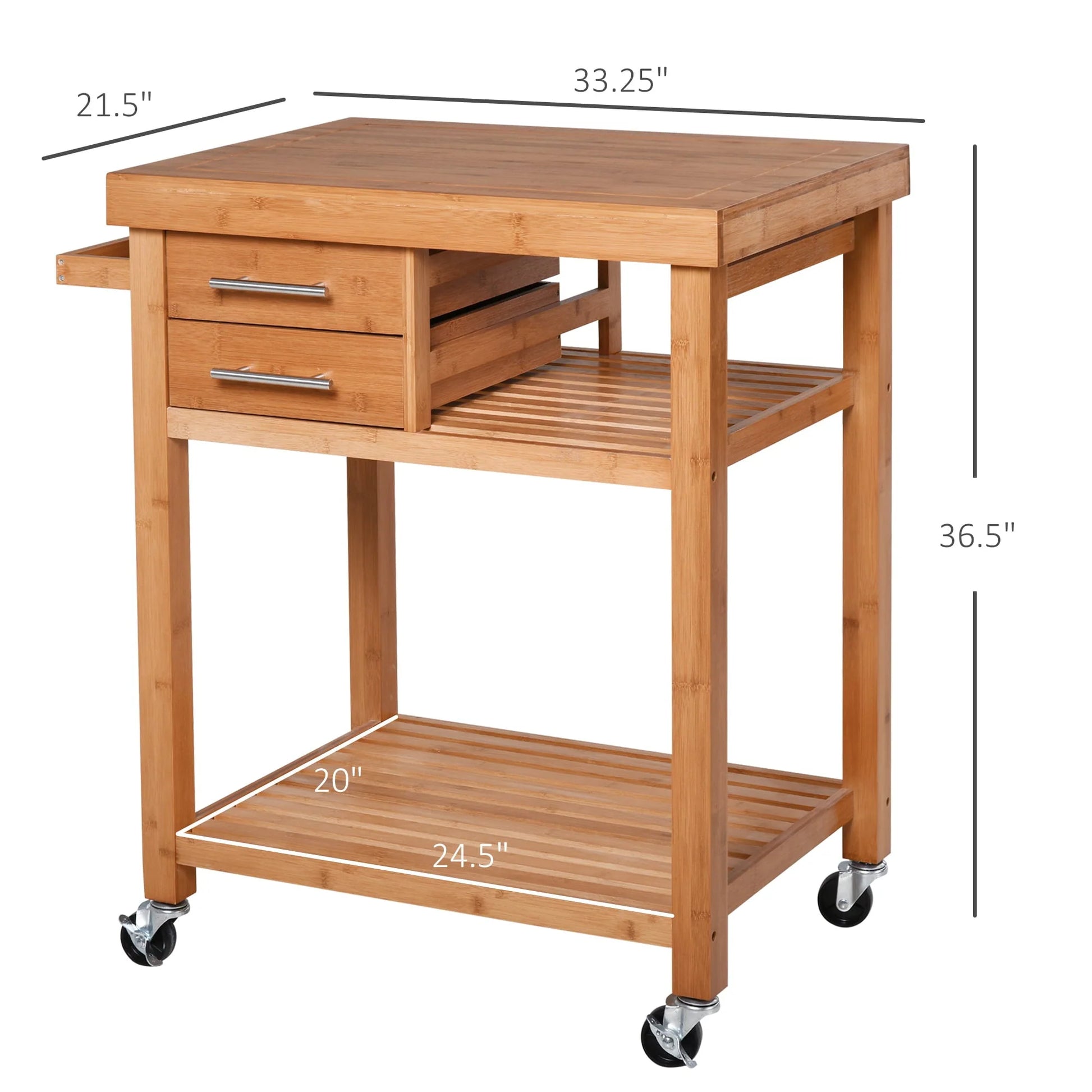 HomCom Bamboo Rolling Kitchen Island Trolley Utility Cart on Wheels, 2 Storage Drawers and Adjustable Shelving with Towel Rack