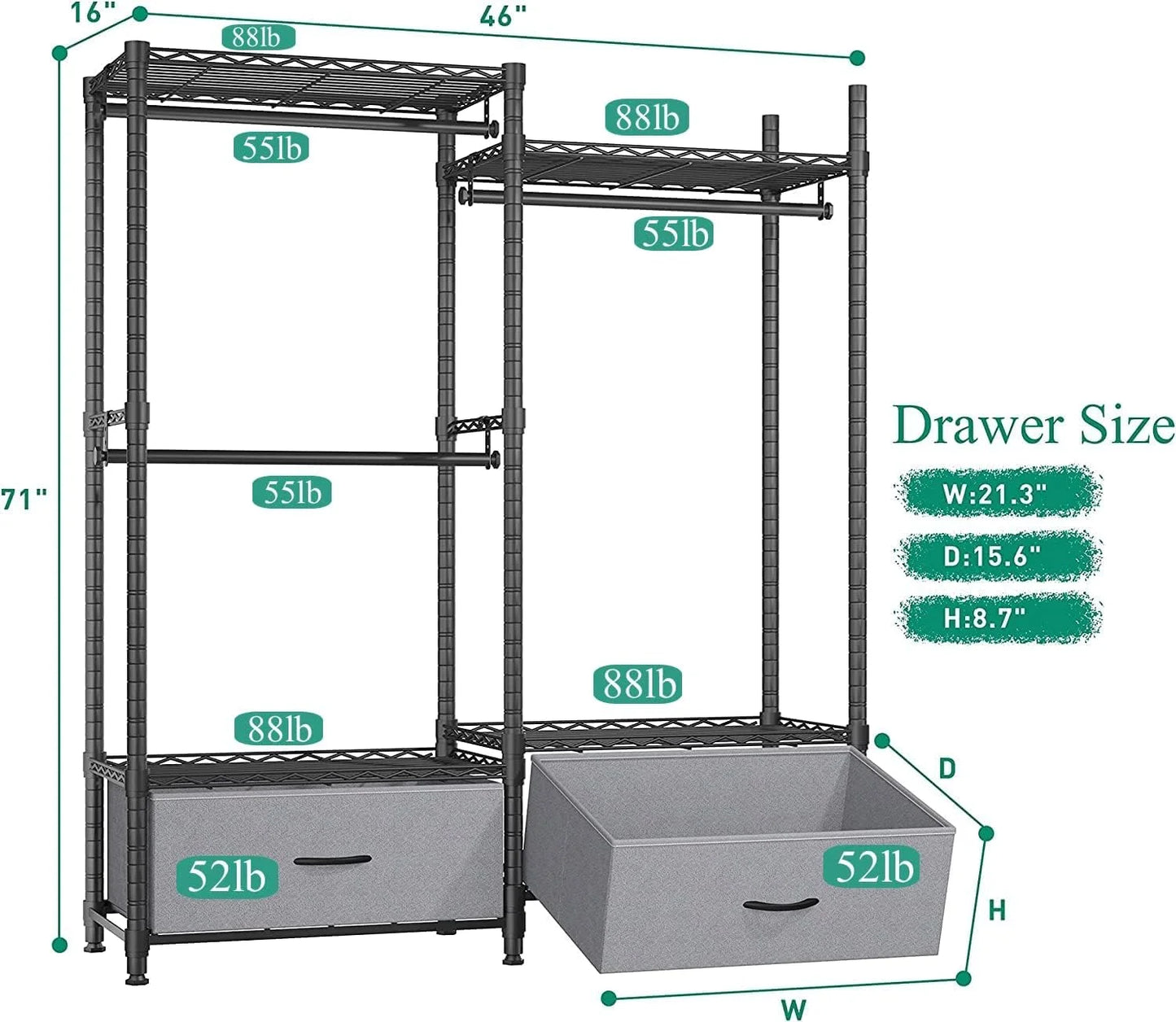 EnHomee Clothing Rack Heavy Duty Clothes Rack with 2 Drawers Adjustable Metal Wardrobe Organizer,620lbs Load Capacity