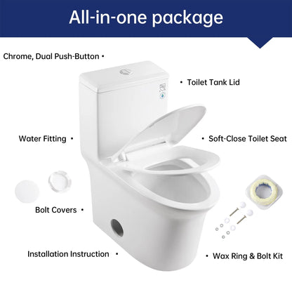 Aukfa T029-WT Elongated One Piece Toilet, Dual Flush 1.1/1.6 GPF Toilet for Bathroom, 12" Rough-In