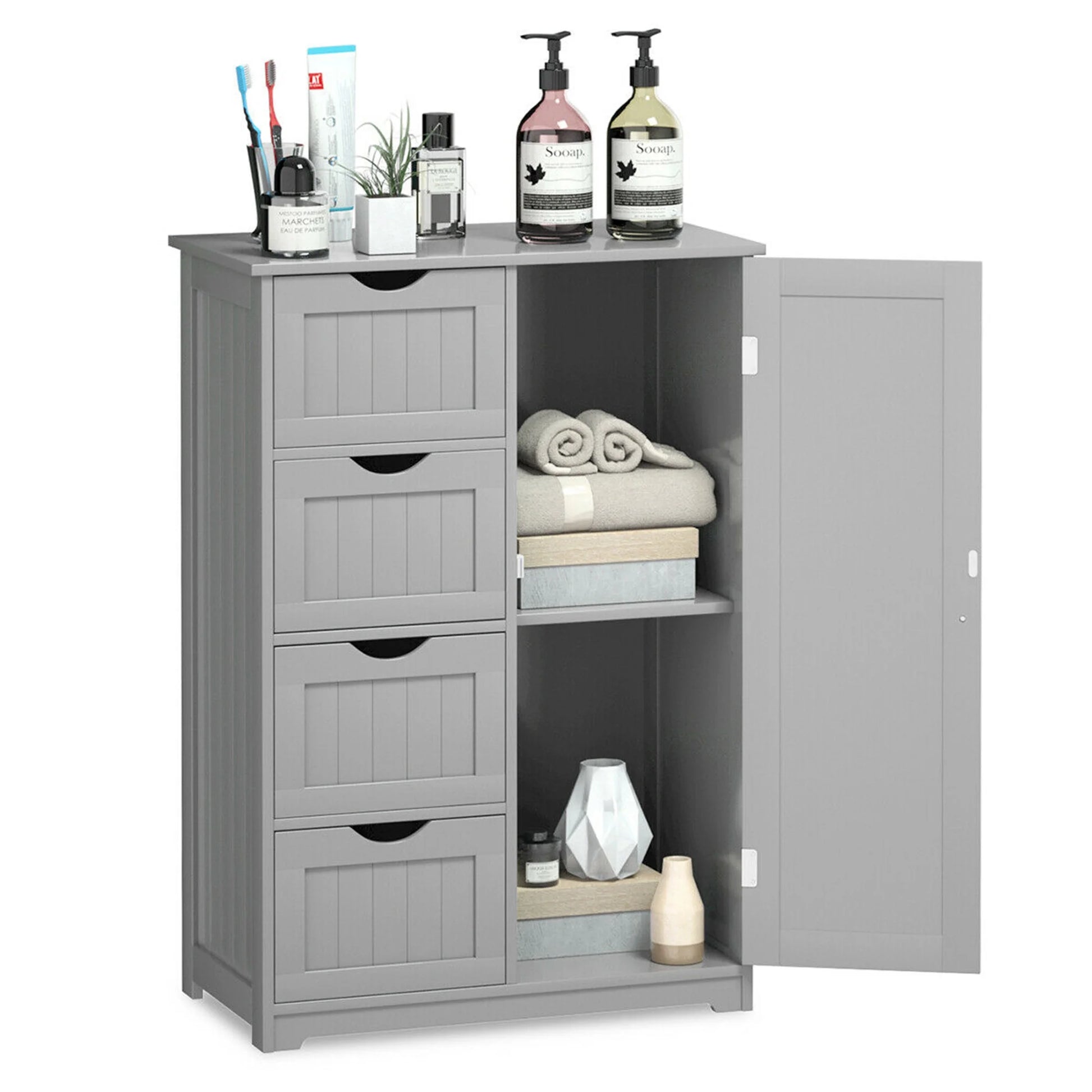 Gymax Bathroom Floor Cabinet Storage Organizer Cupboard w/4 Drawers Adjustable Shelf Grey