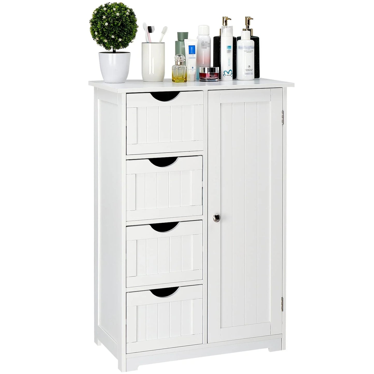 Ktaxon Wooden Bathroom Floor Cabinet,Side Storage Organizer Cabinet with 4 Drawers,1 Cupboard & 2-Shelves,MDF,White