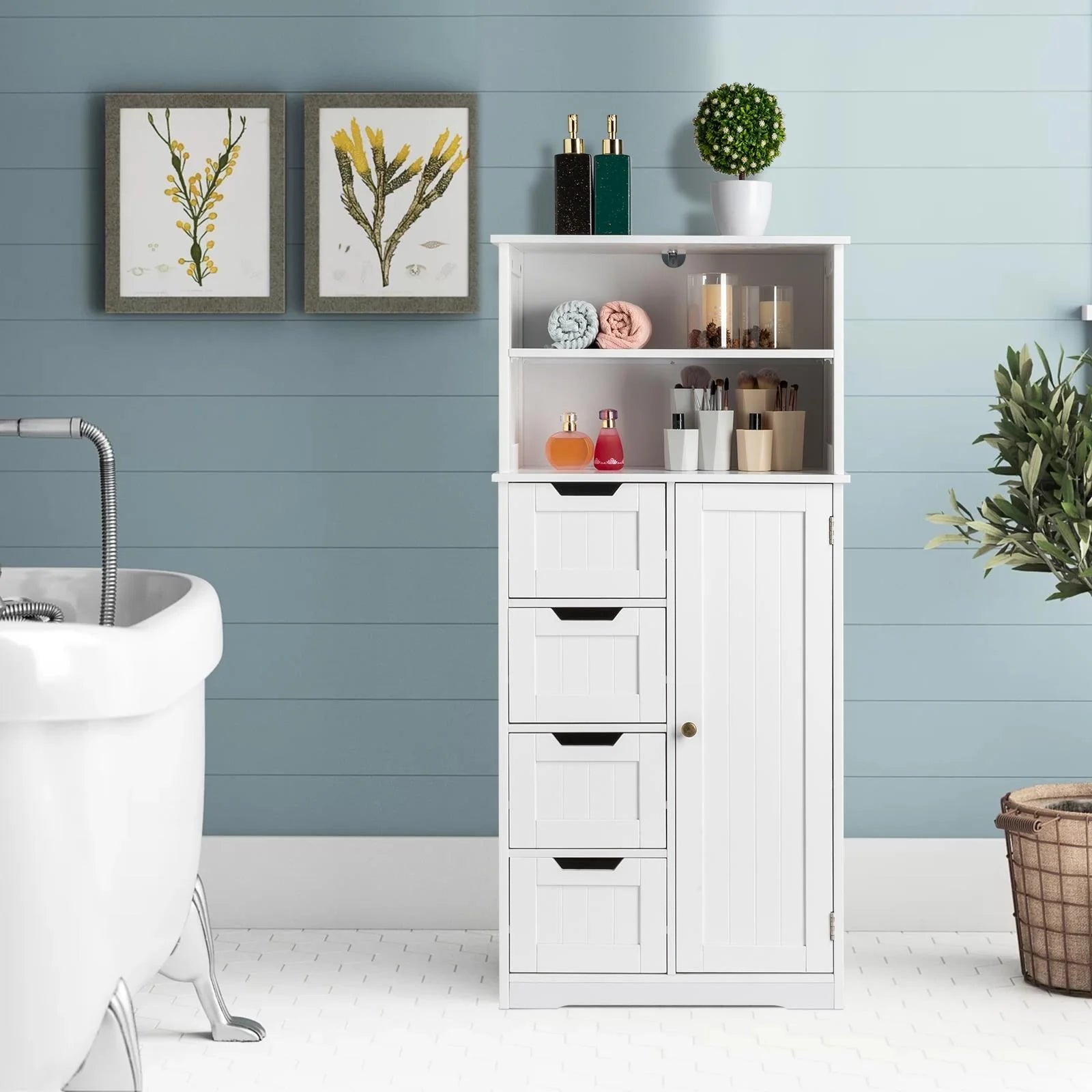 Ktaxon Freestanding Bathroom Floor Cabinet, Multipurpose Storage Cabinet with 4 Drawers, 1 Cupboard & Adjustable Shelves for Kitchen Living Room Bedroom, White