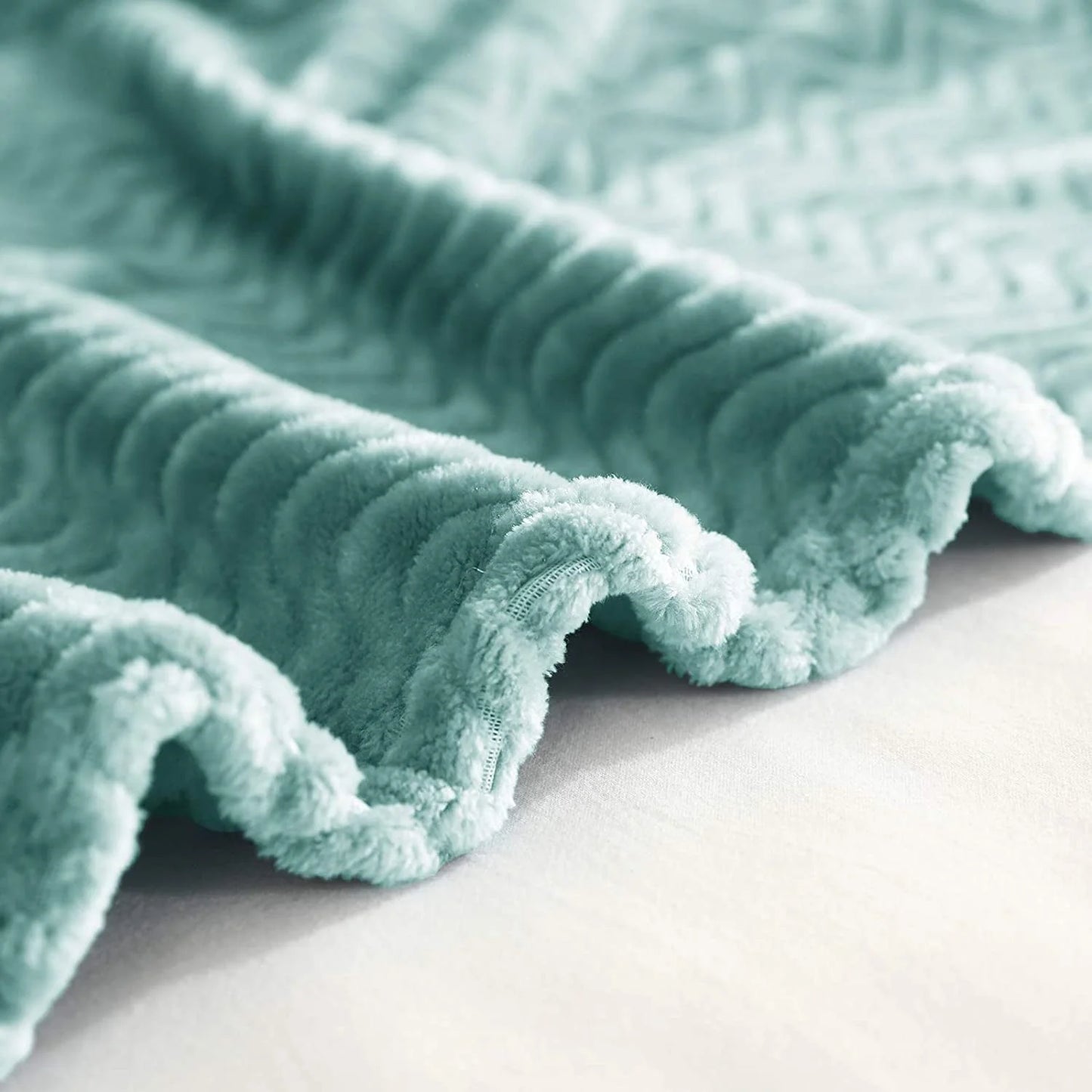Exclusivo Mezcla King Size Jacquard Weave Wave Pattern Flannel Fleece Velvet Plush Bed Blanket as Bedspread/Coverlet/Bed Cover (90" x 104", Celadon) - Soft, Lightweight, Warm and Cozy