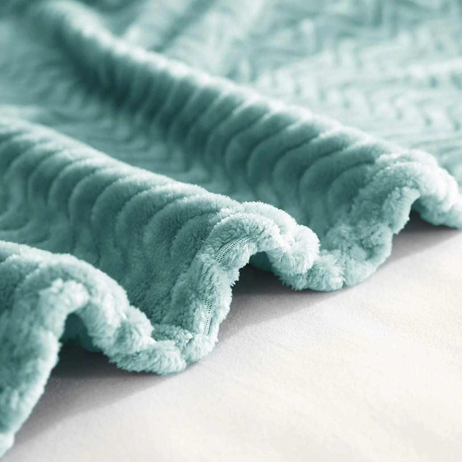 Exclusivo Mezcla King Size Jacquard Weave Wave Pattern Flannel Fleece Velvet Plush Bed Blanket as Bedspread/Coverlet/Bed Cover (90" x 104", Celadon) - Soft, Lightweight, Warm and Cozy