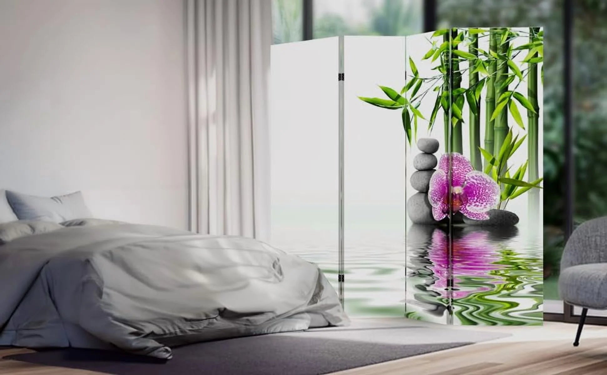 TOA 4 Panels Privacy Screen Room Divider Partition with Bamboo and Hotstones Canvas, Water Resistant for Living Room, Bathroom, Home Office or College Dorm, Wood Frame