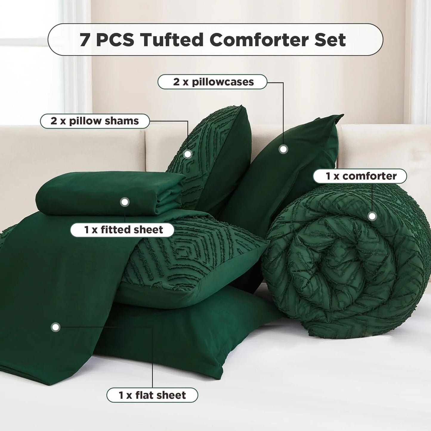 Queen Comforter Set 7 Piece Dark Emerald Green - Bed in a Bag Queen Boho Lightweight Fluffy Tufted Bedding Sets with Comforter, Sheets, Pillowcases & Shams
