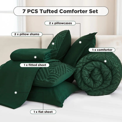 Queen Comforter Set 7 Piece Dark Emerald Green - Bed in a Bag Queen Boho Lightweight Fluffy Tufted Bedding Sets with Comforter, Sheets, Pillowcases & Shams