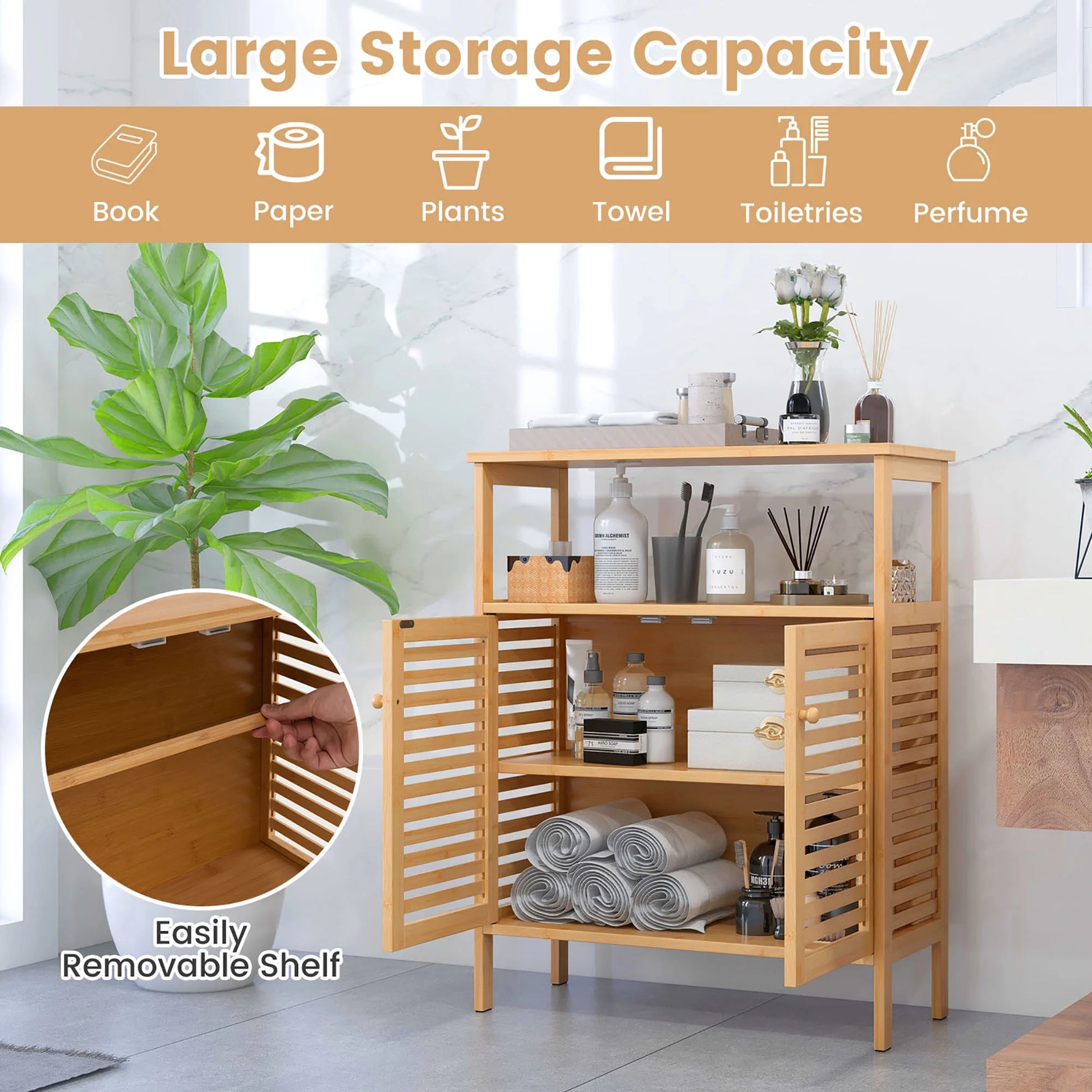 Gymax Bathroom Floor Cabinet Freestanding Bamboo Storage Organizer w/Double Shutter Doors