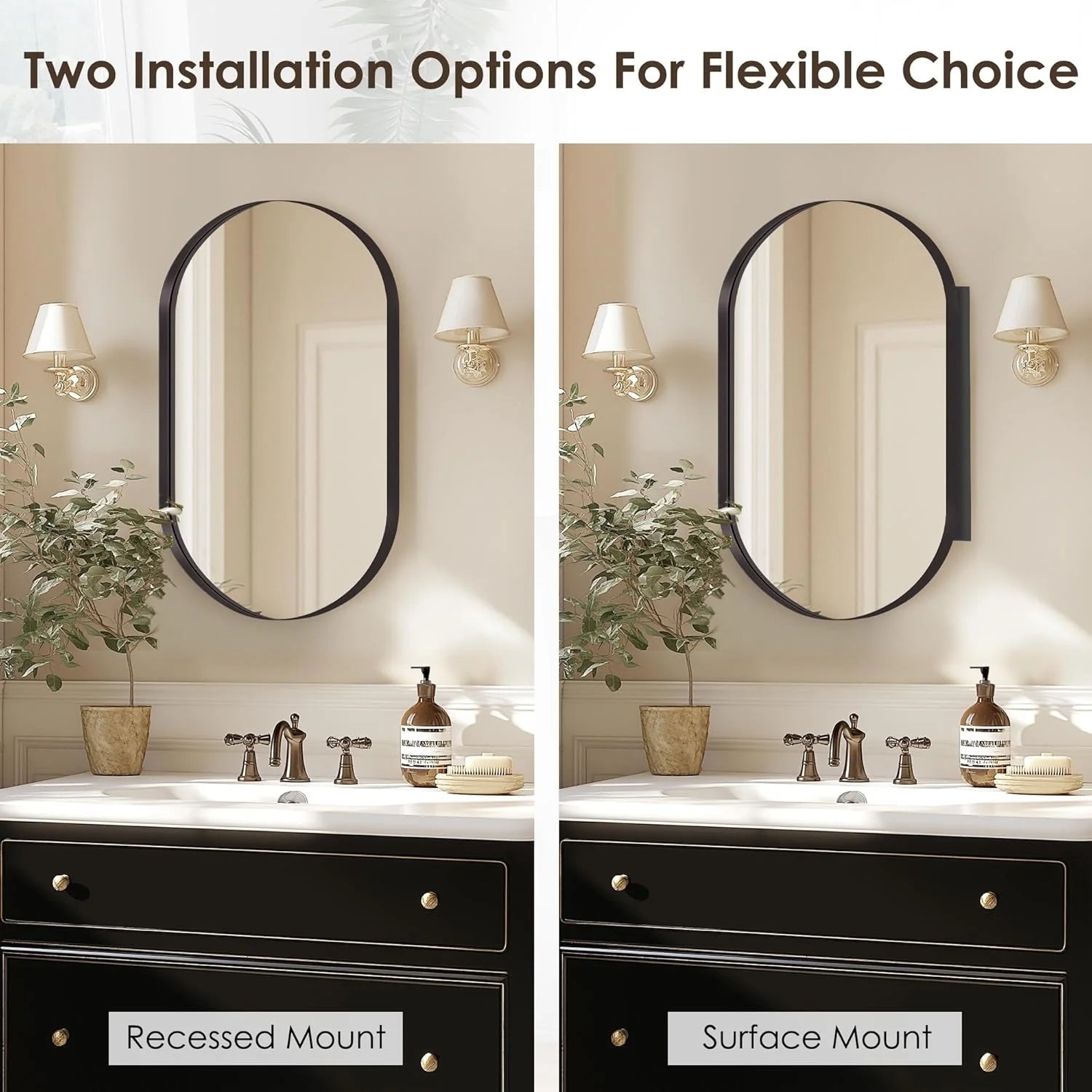 SogesHome Medicine Cabinet with Mirror, 21x34 Oval Mirror Cabinet, Wall Mount Recess Bathroom Vanity Mirror with Storage with 2 Adjustable Shelves, Perfect for Bathroom, Black