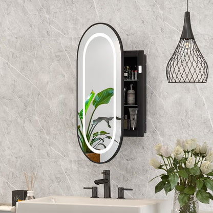 Hironpal Recessed or Wall Mounted 3 Color LED Oval Medicine Cabinet with 17x32 Inch Mirror for Bathroom,Black