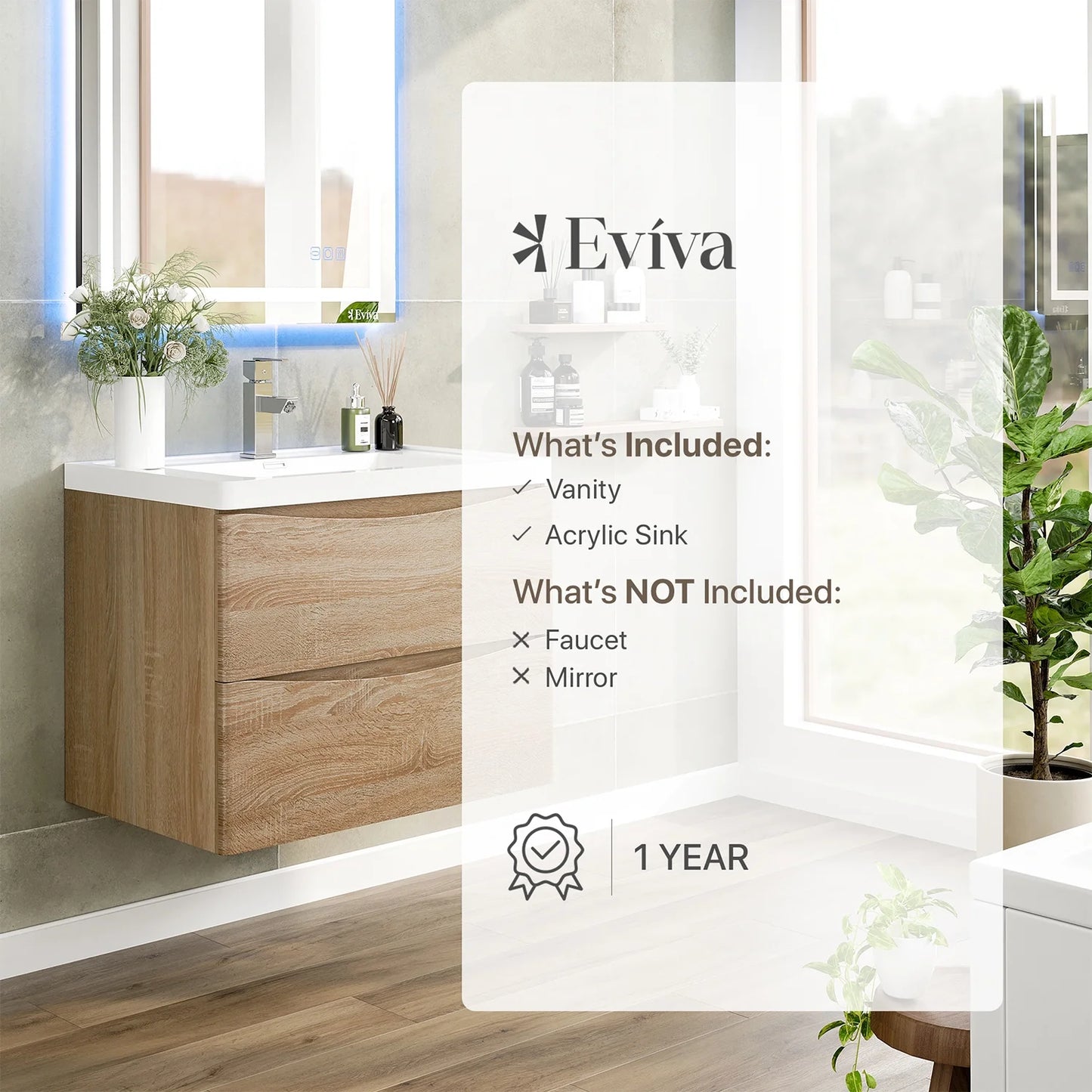 Eviva Smile 30" White Oak Wall Mount Modern Bathroom Vanity w/White Integrated Top