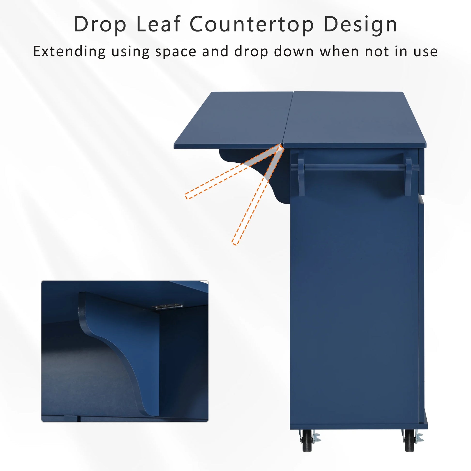 53.2'' Kitchen Island with Drop Leaf, Kitchen Storage Cart with Spice Rack, Towel Rack and 2 Drawers, Rolling Kitchen Island on Wheels with Adjustable Shelves, Navy Blue