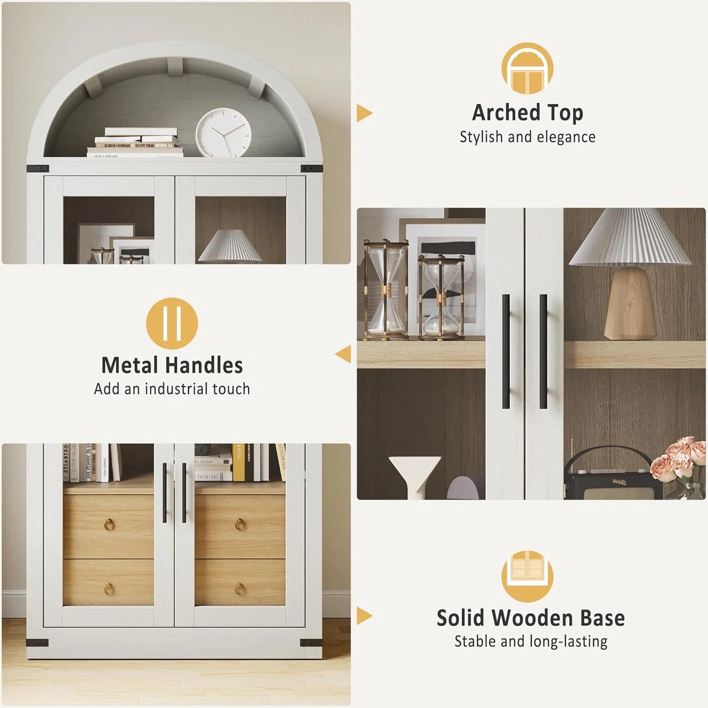 Arched Kitchen Pantry Storage Cabinet with 2 Drawers, 71-Inch Tall Farmhouse Wood Bookcase with 4 Doors for Kitchen Dining Room Bathroom