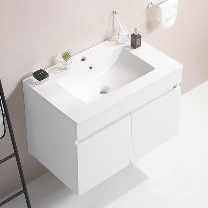 30 Inch Modern Wall-Mounted Bathroom Sink Cabinet, Floating Bathroom Vanity with Storage and Two Soft Close Doors, Bathroom Vanity with Sink, Faucet Not Included,Solid Wood, Black.