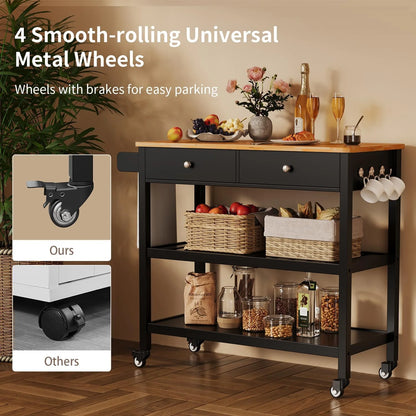AIZYT Kitchen Island Cart with Storage, 40° Wooden Top, 2 Tiers Spacious Shelves and Towel Bar, 2 Drawer Mobile Trolley Cart On Metal Wheels with Hooks for Dining Room, Bar, Outdoor, Black