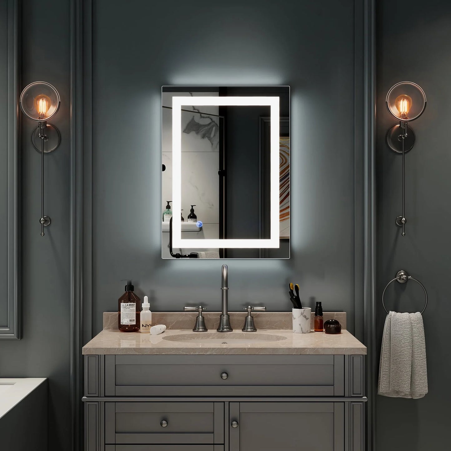 Ktaxon 28x20 inch LED Lighted Bathroom Mirror Silvered Wall Mounted Mirror with Touch Button,Anti Fog and IP67 Waterproof Square Mirror